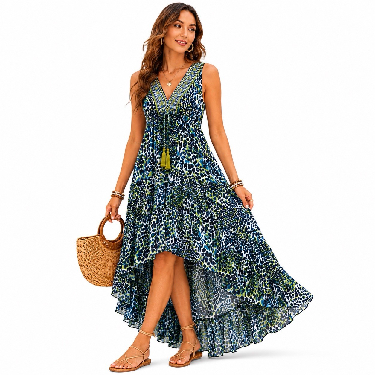 Violet Sky Animal Print High Low Sheer Beaded Boho Maxi Dress Size Medium NWT