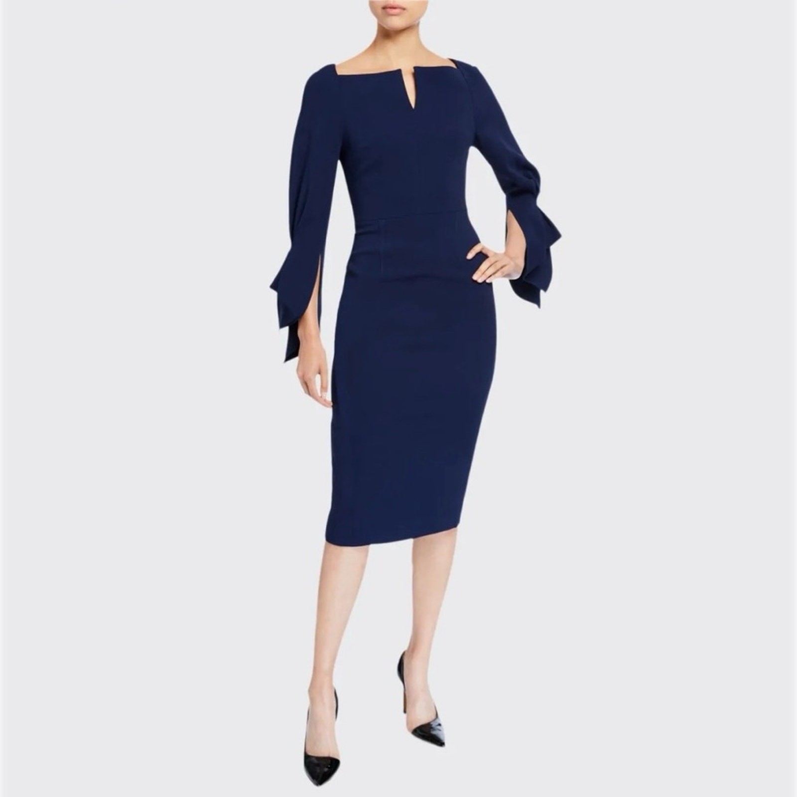 Roland Mouret Rosslare Dress (Sz US 8) Crepe Sheath Midi Navy Blue