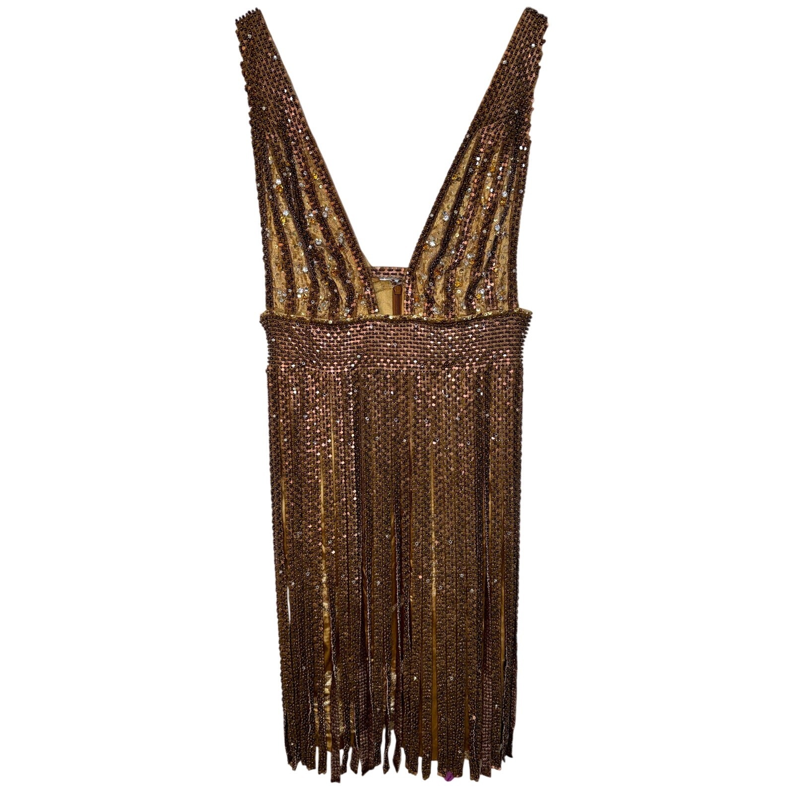 NWT Mandalay Gold Beaded Fringe Studded Sequin Mini Cocktail Party Dress Size 6