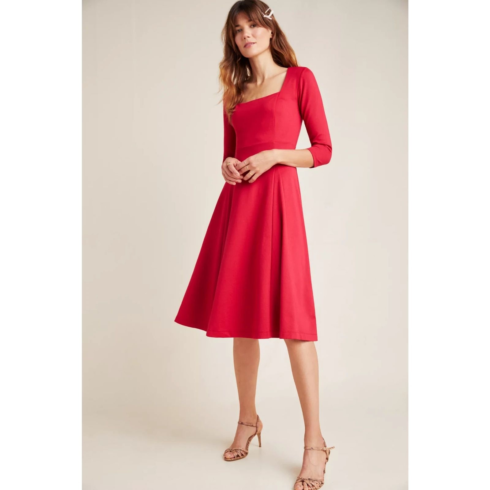 Anthropologie Maeve Jocelyn Midi Dress Red Fit & Flare Square Neck Petite Medium