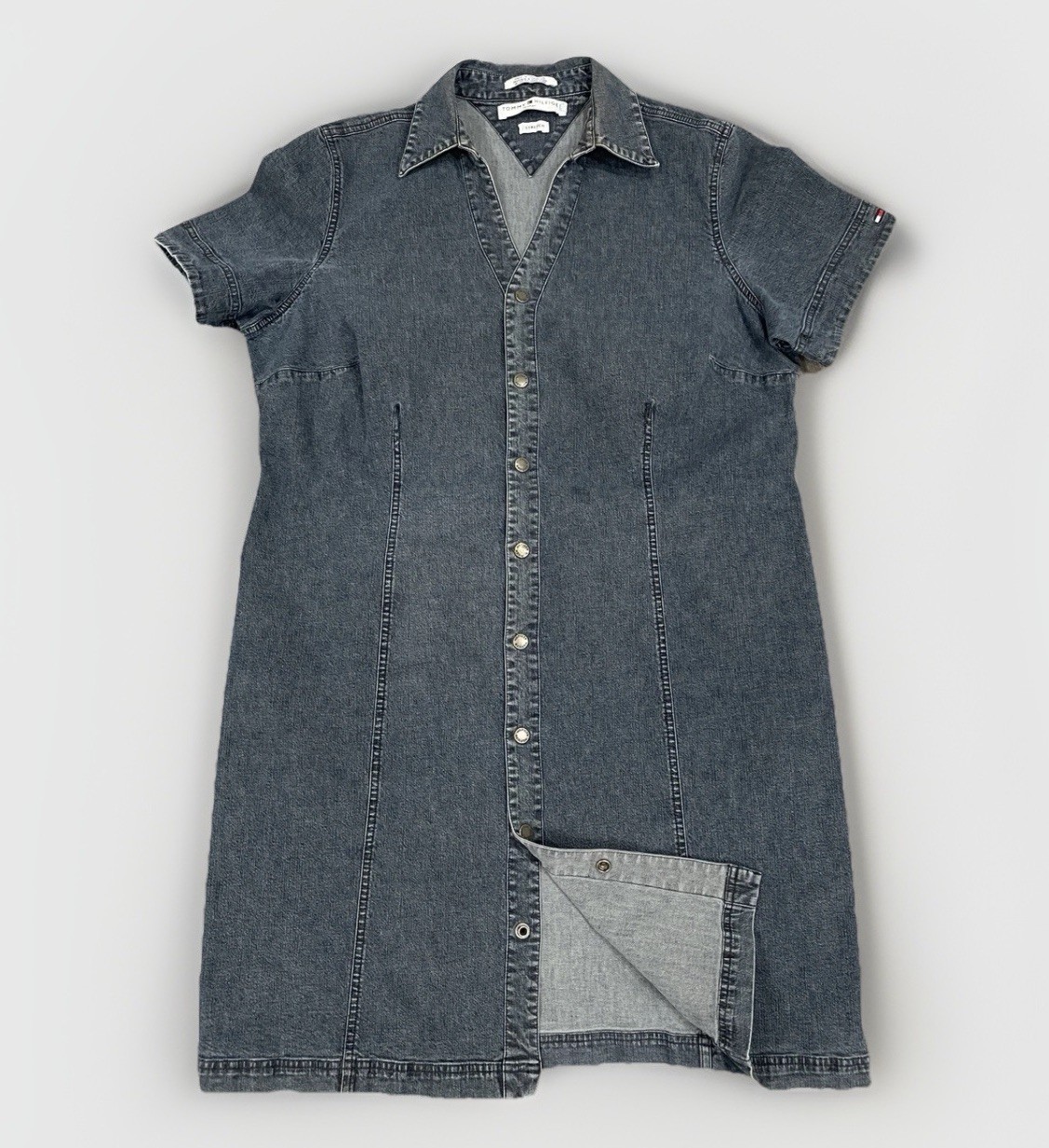 Vintage Tommy Hilfiger Denim Shirt Dress Women 16 Blue Snap Front Stretch Jean
