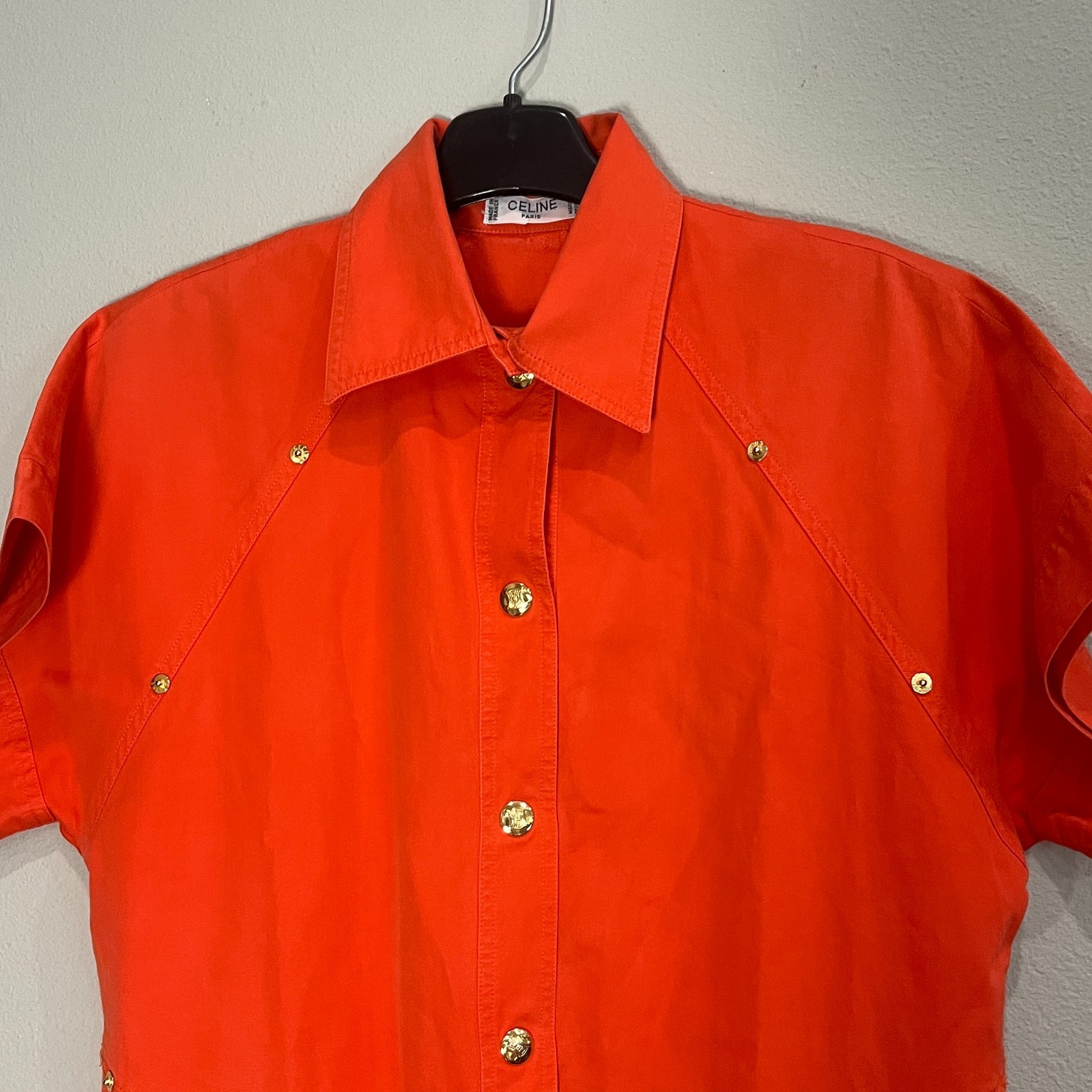 CELINE Vintage Orange Snap Button Shirt Dress womens 40 US 8