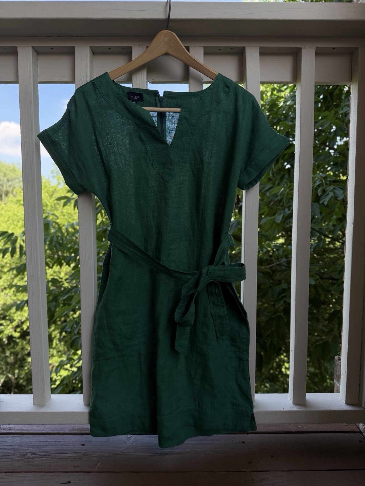Talbots NWT Green 100%Linen Belted Shift Dress Womens Petite Small Short Sleeve