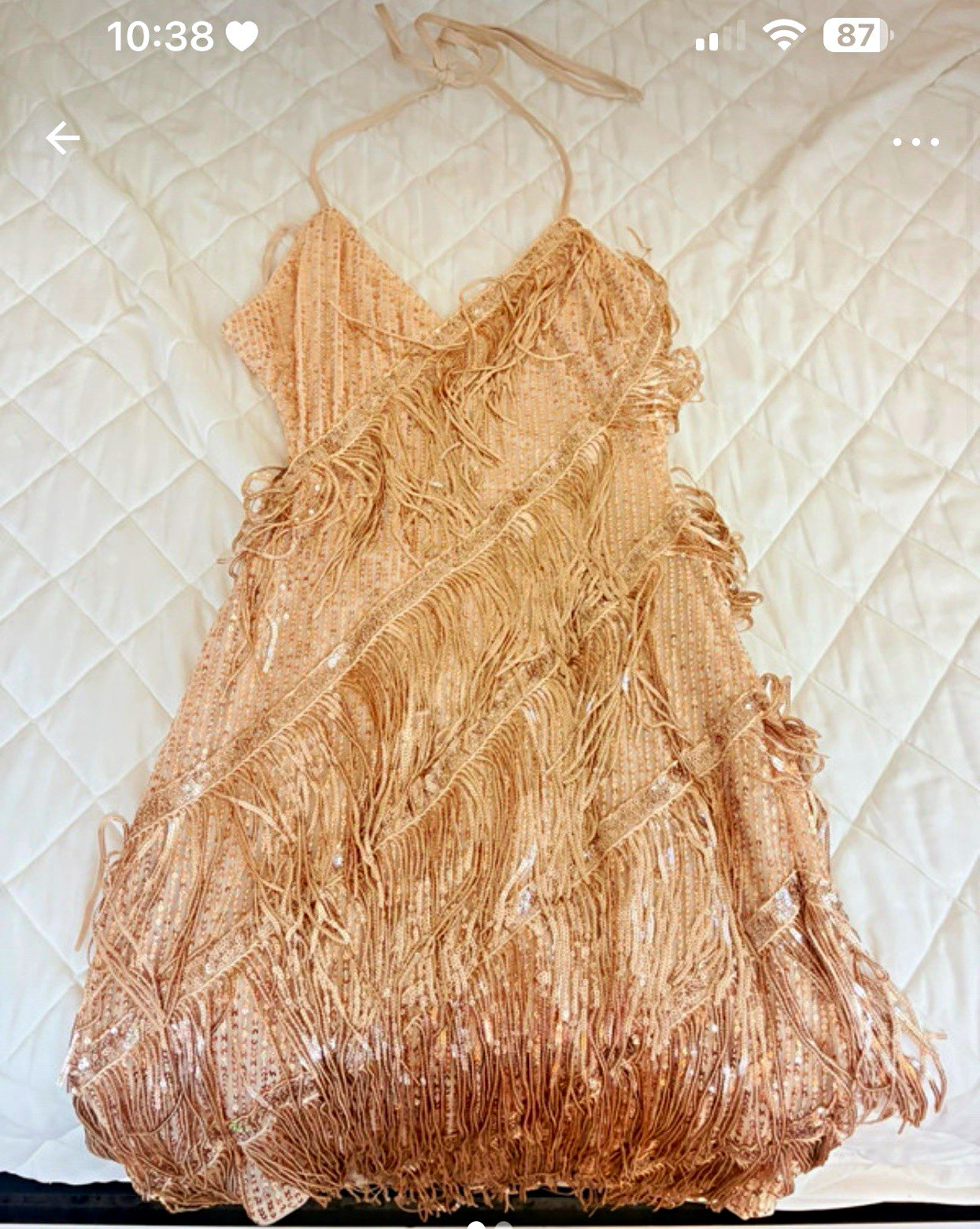 Gold halter-style mini dress layered fringe/ sequin detailing Size S
