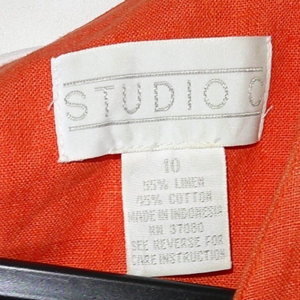 VTG Studio C Womens Orange Linen Cotton Sleeveless Sheath Dress 10 Round Neck