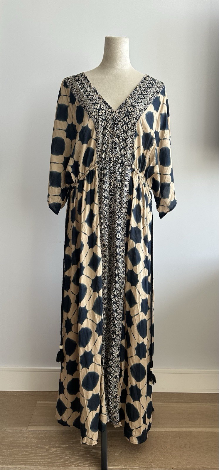 Zara Tan & Navy Geometric oversized Kaftan Dress Drawstring 100% Modal (XS-S)