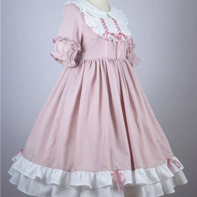 Pink Lolita Princess Dress Ruffles Japanese Style Short Sleeve Sweet Teen Party