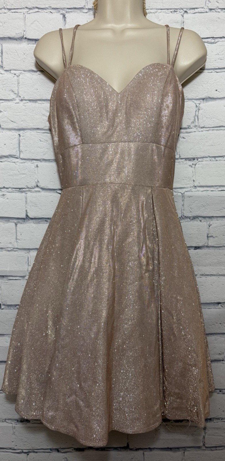 Dancing Queen Jrs Medium Double Strap Glitter Dress Lined Lace Up Back Rose Gold