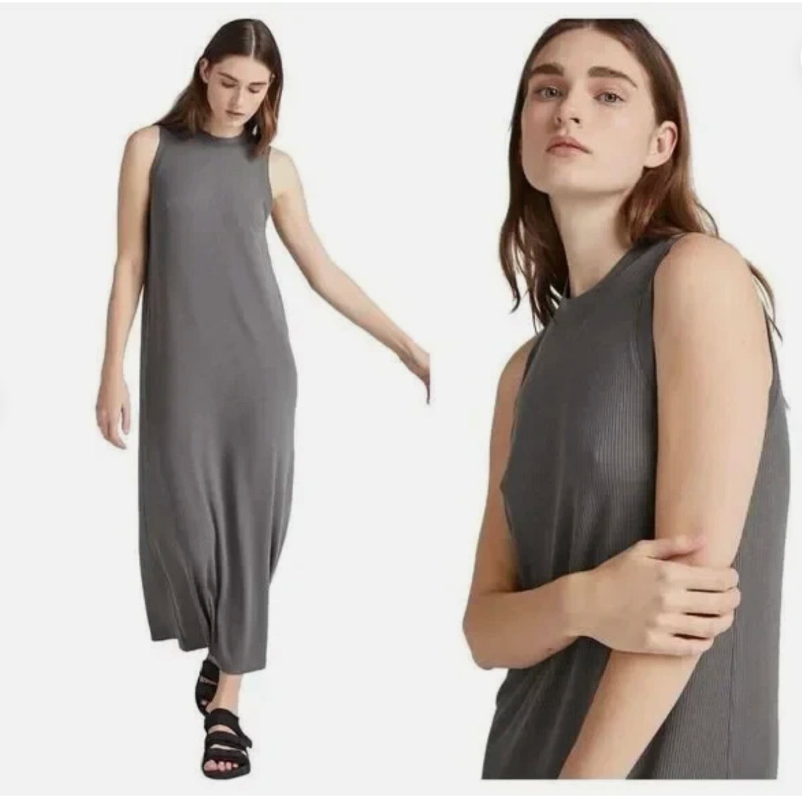 RicherPoorer Vintage Rib Column Dress gunmetal gray high neck sleeveless maxi Lg