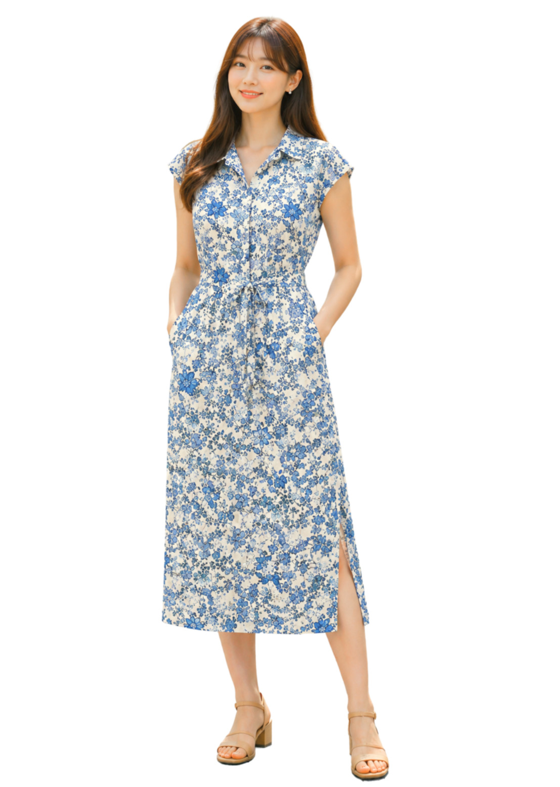 Lucky Brand Women’s Floral Midi Shirt Dress Blue White Tie Waist Size M NWT
