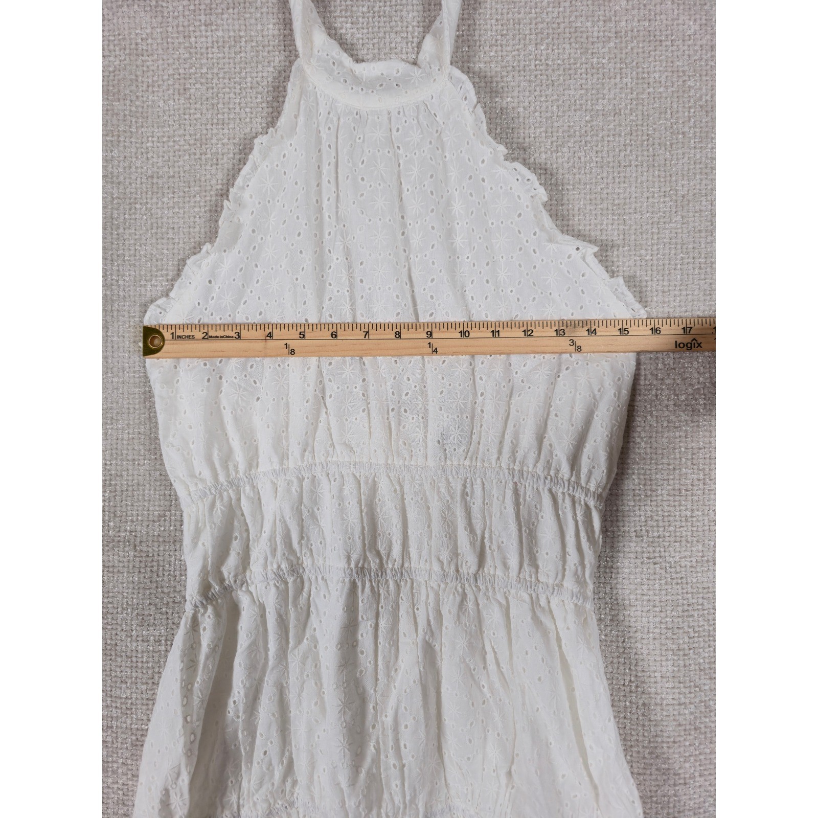 Lost + Wander White Eyelet Halter Mini Dress Smocked Tiered Women’s Size L