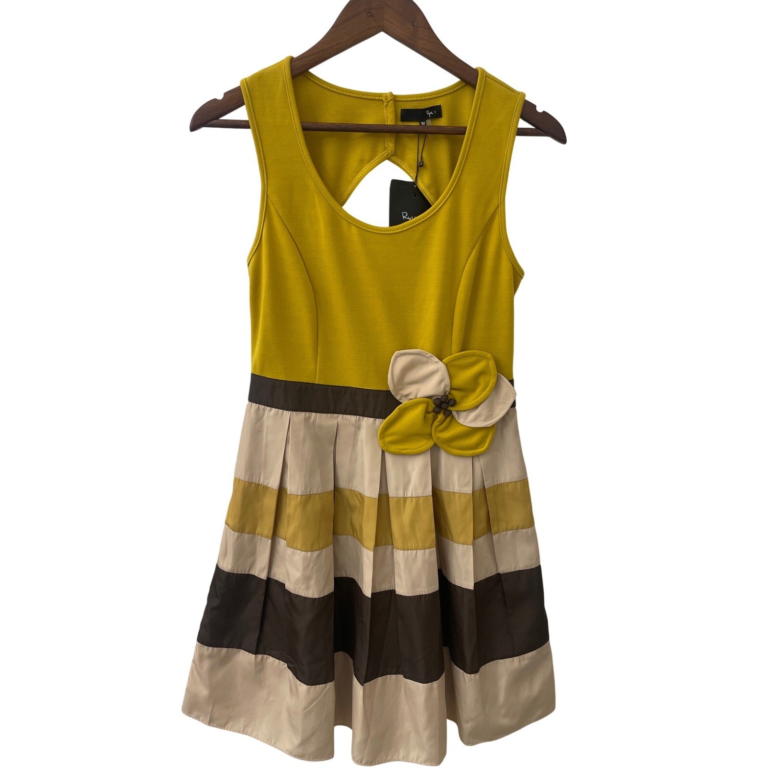 Ryu Anthropologie Yellow Striped Floral Fit Flare Dress Cutout Back Womens M