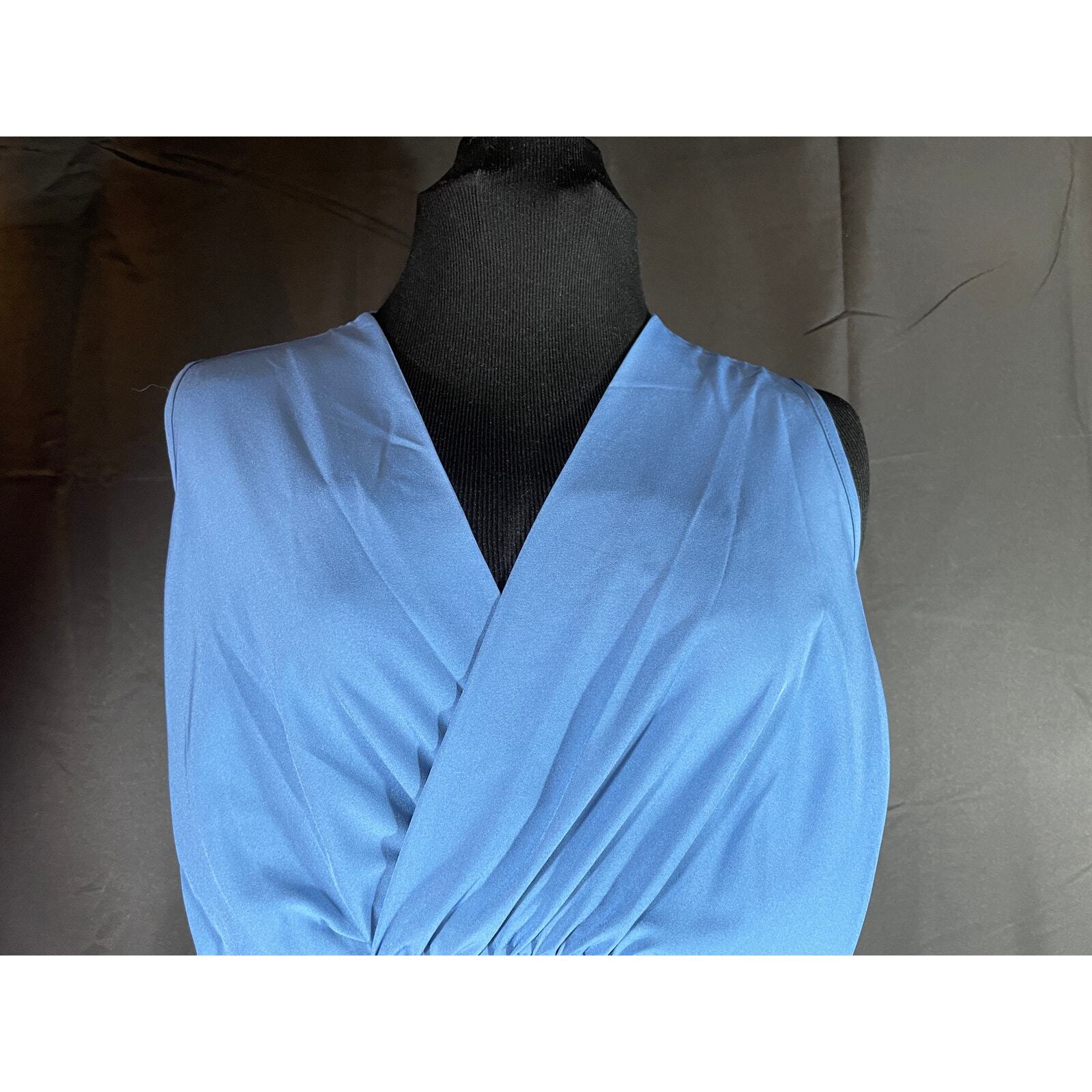 Blue sleeveless knee length dress, rayon fabric, natural drape, small