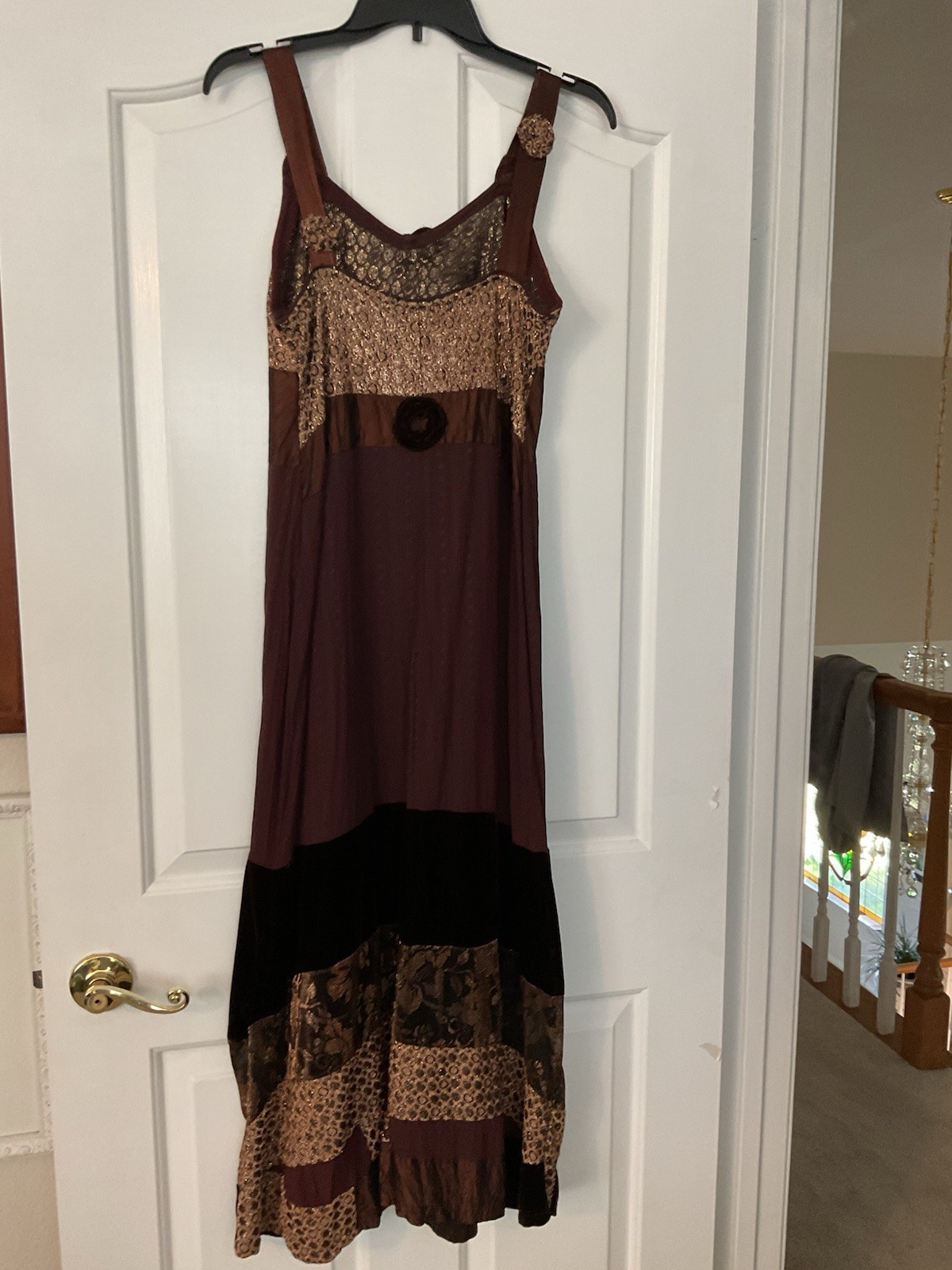 Women’s Brown/Black Patchwork Sleeveless Maxi Dress Scoop Neck Beaded M