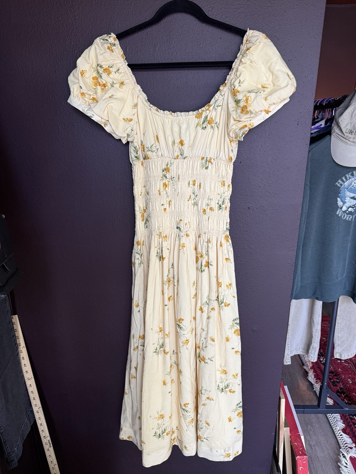 Reformation Ivory Yellow Cottage Core Floral Puff Sleeve Midi Dress Whimsical M