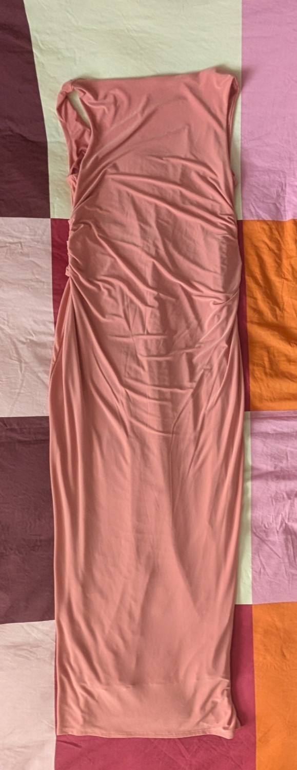 Express Women’s Sleeveless Ruched Maxi Dress Pink Blush Deep V Back Size M
