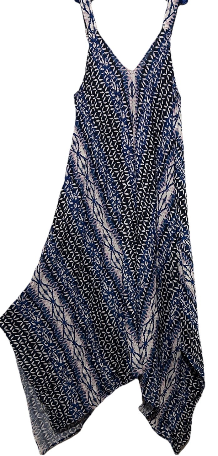 G Unit Dress L Blue Batik Rayon Boho Hippie Flowy Oversized Suspender Sundress