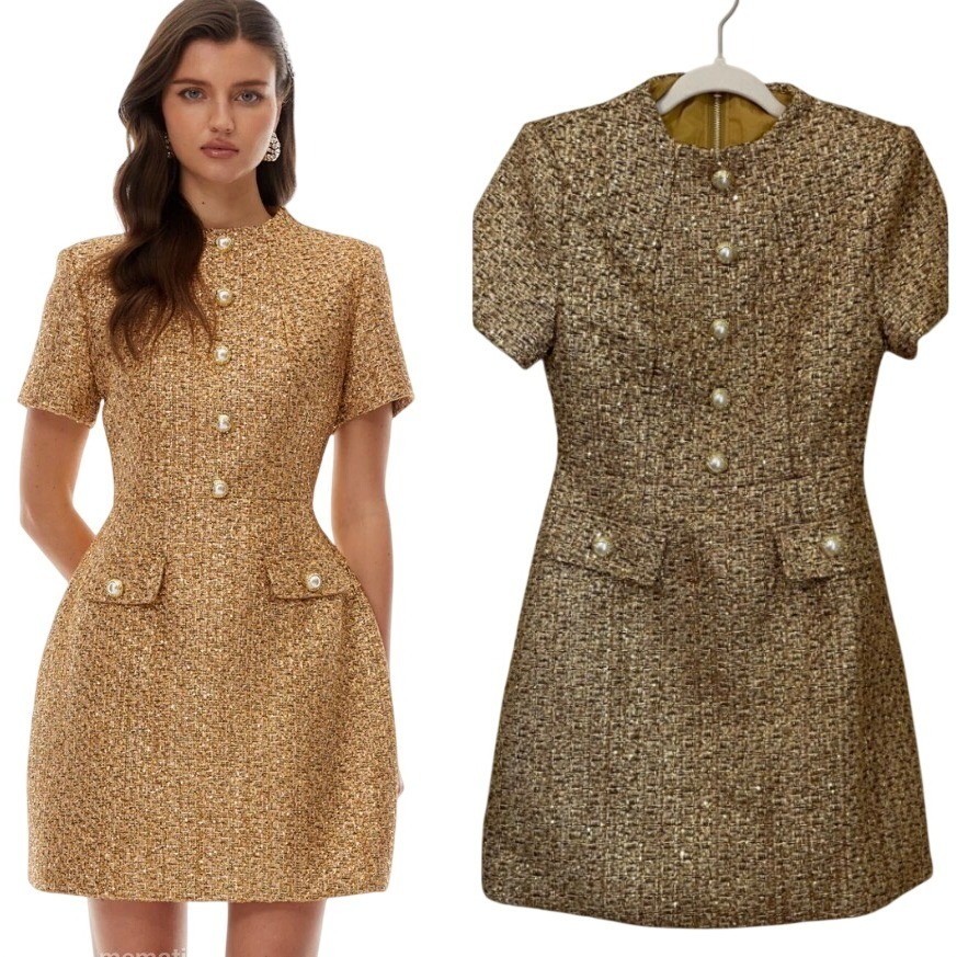 Miss Rosier Size S Arna Gold Metallic Tweed Mini Dress Short Sleeve