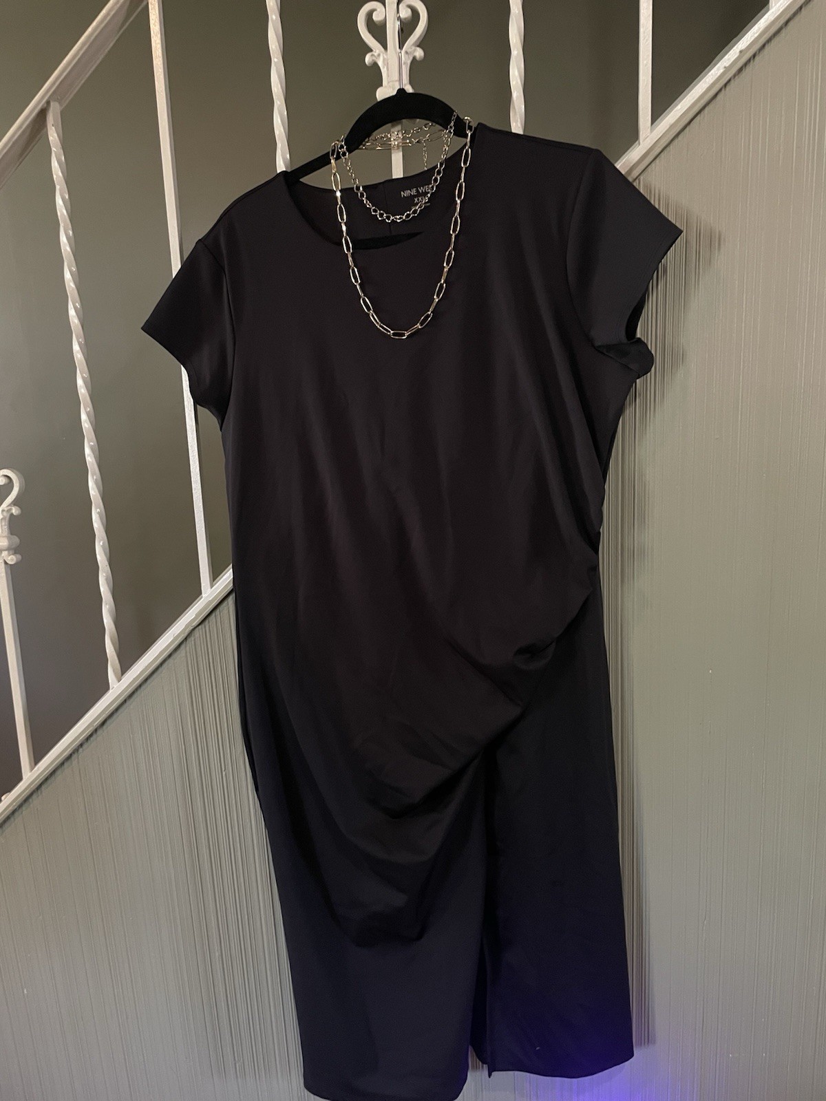Nine West Women’s Black Sheath Ruched Slit Round Neck Dress Knee Length 2XL