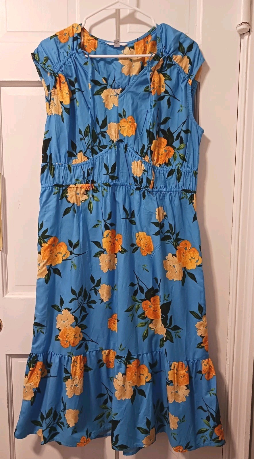 Time And Tru Ruched Midi Dress Blue With Yellow Floral, Size L (12-14)