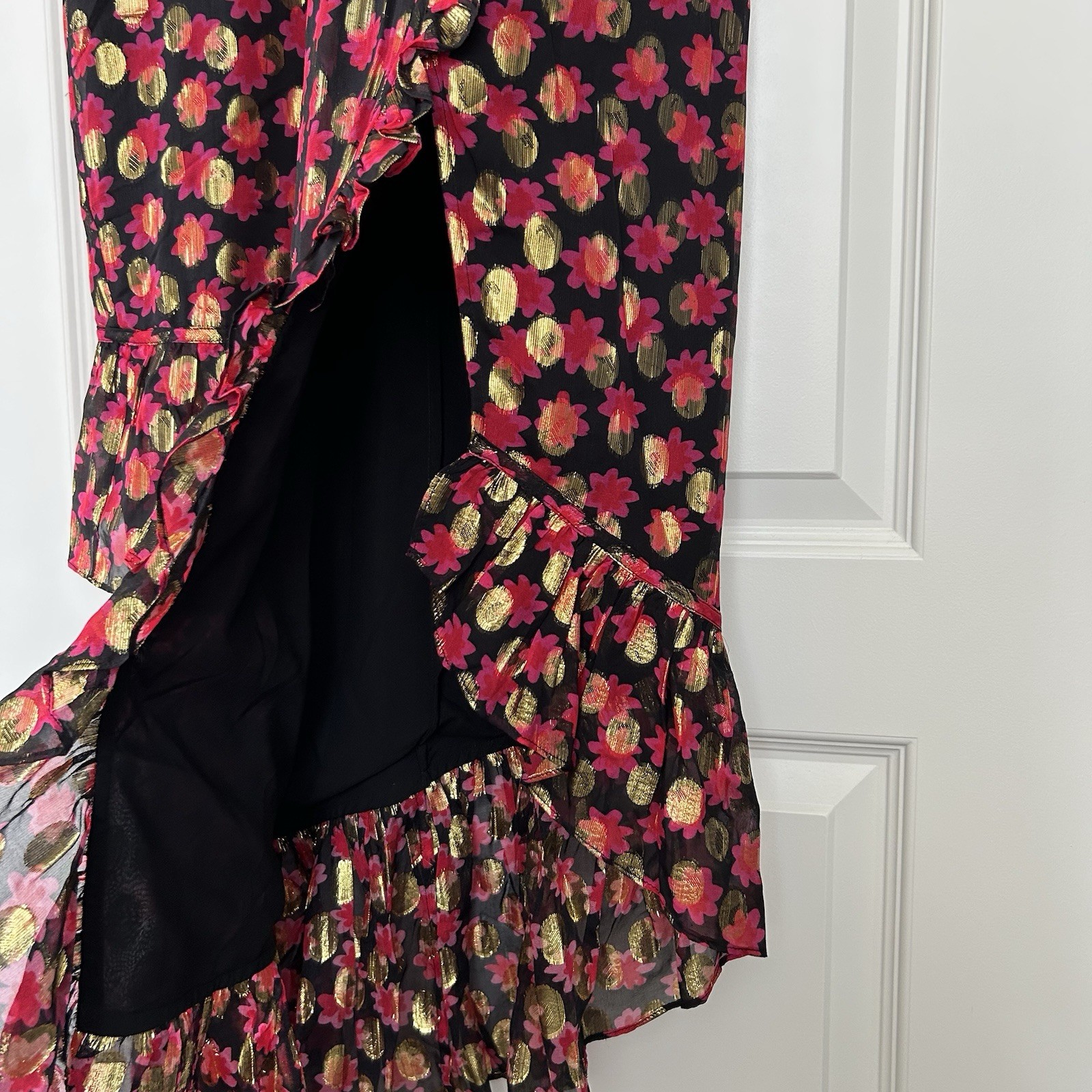 SALONI ANITA Ruffled Fil Coupe Chiffon Midi Dress 6 Silk Blend Cocktail Evening