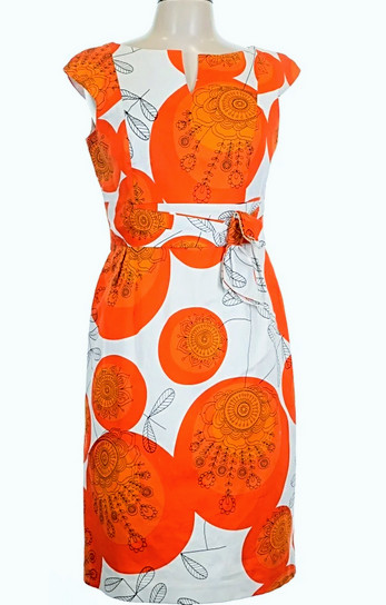 David Meister White Orange Slit Neckline & Bow Dress. Sz 6. Like New