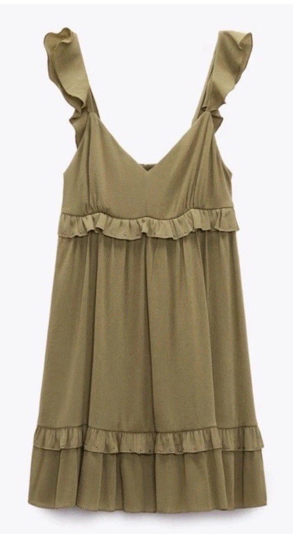 NWT New Zara Ruffled Tiered Babydoll Sleeveless Dress Olive Green XL