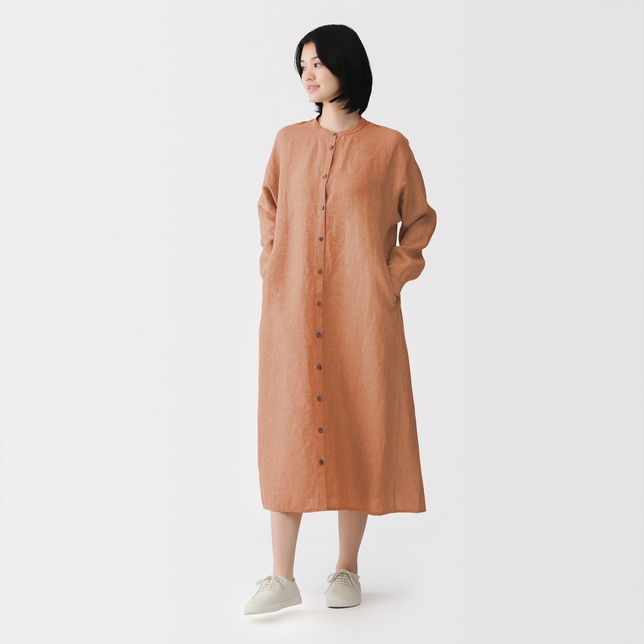MUJI Womens 100% Linen Washed Long Sleeve Shirt Dress Dark Orange 2026 FedEx