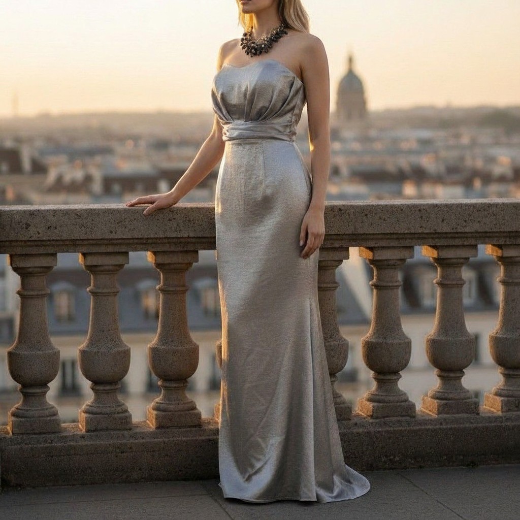 Jarlo London Dress US 4 UK 8 Silver Gown Strapless Ruched Empire Waist 3373