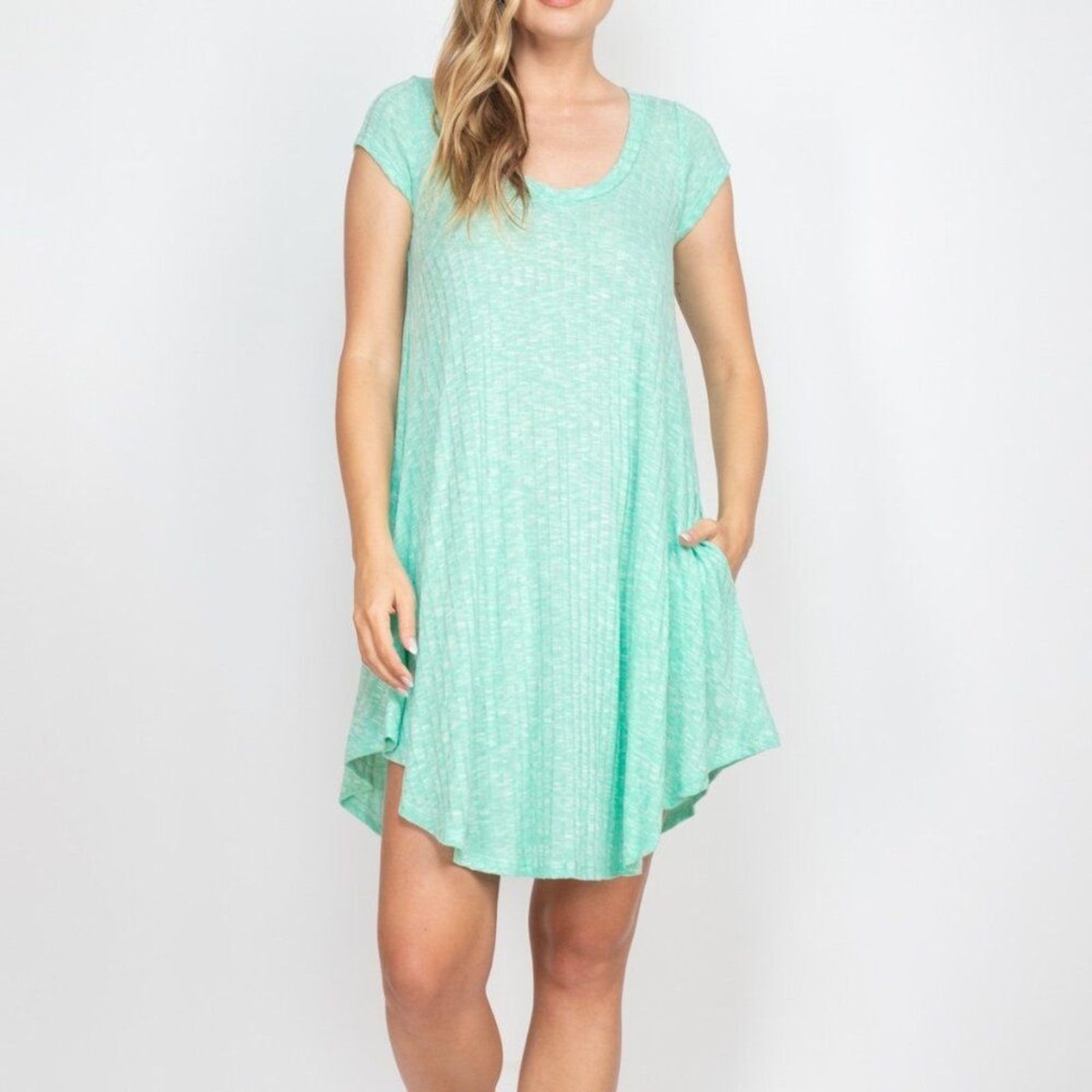 Lollipop Star Dress Ribbed Knit Pockets Crewneck Cap Sleeve Soft Mint Medium