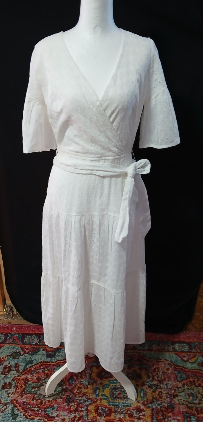 Julian Taylor New York Midi Wrap Style Eyelet White Dress Tie Waist Belt NWT 4