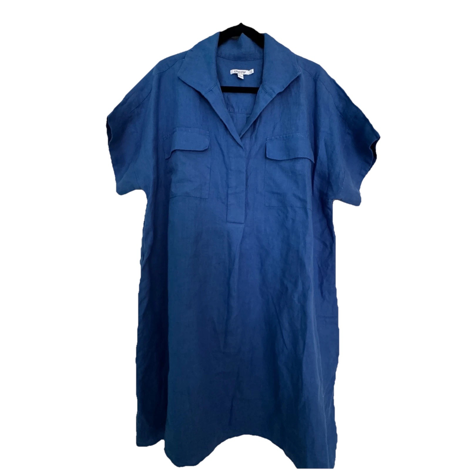 Chico’s High-Low Linen Shirtdress Blue Short Sleeve Flap Pockets Size 3 US 16