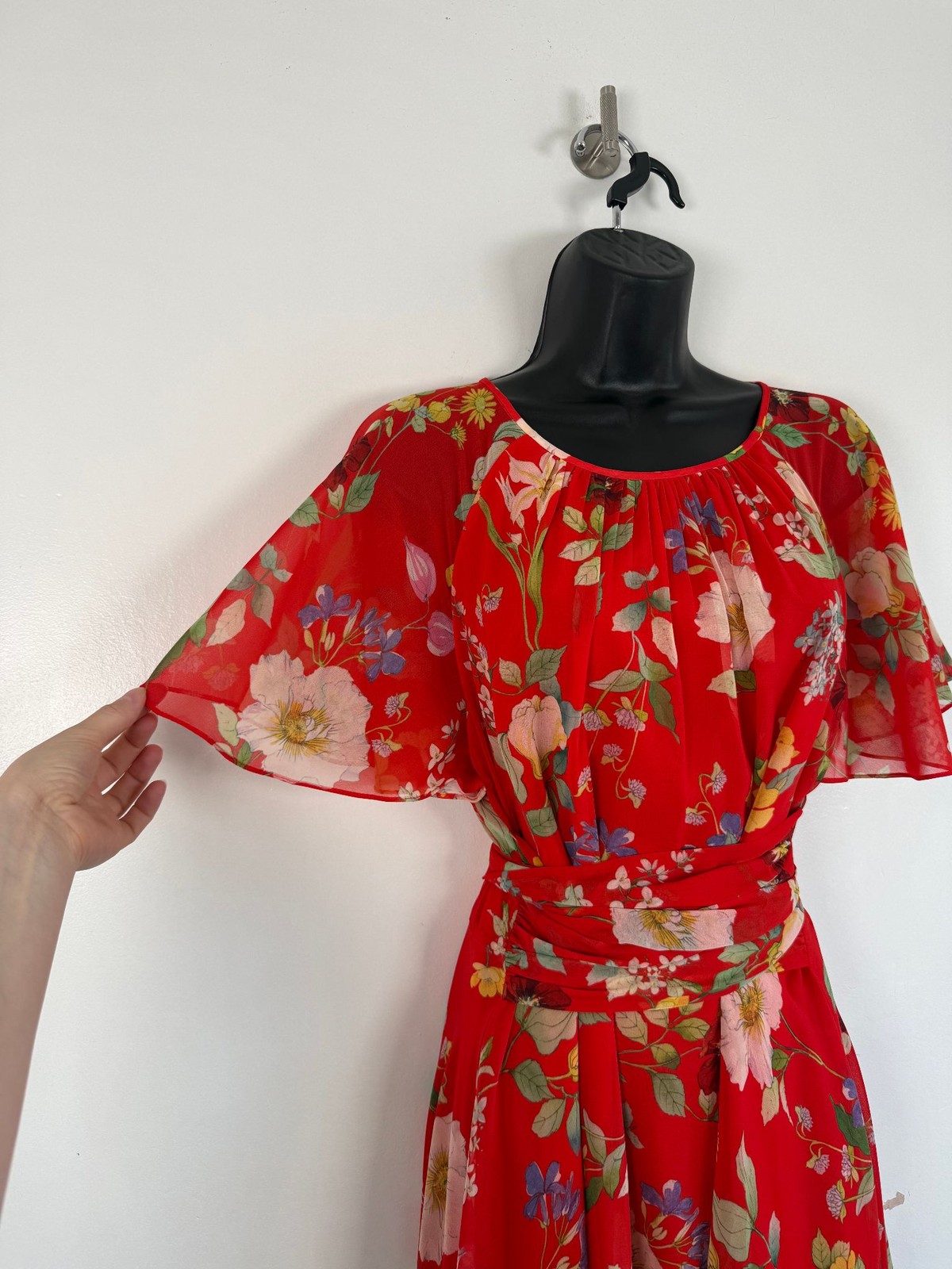 Hobbs Dress Size Uk 14 Red Midi Floral Chiffon Belt Sarah Party Cocktail Wedding
