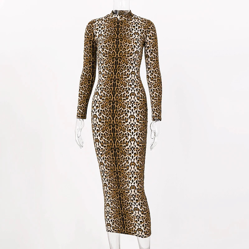 leopard print long sleeve slim bodycon sexy dress autumn winter women streetwear