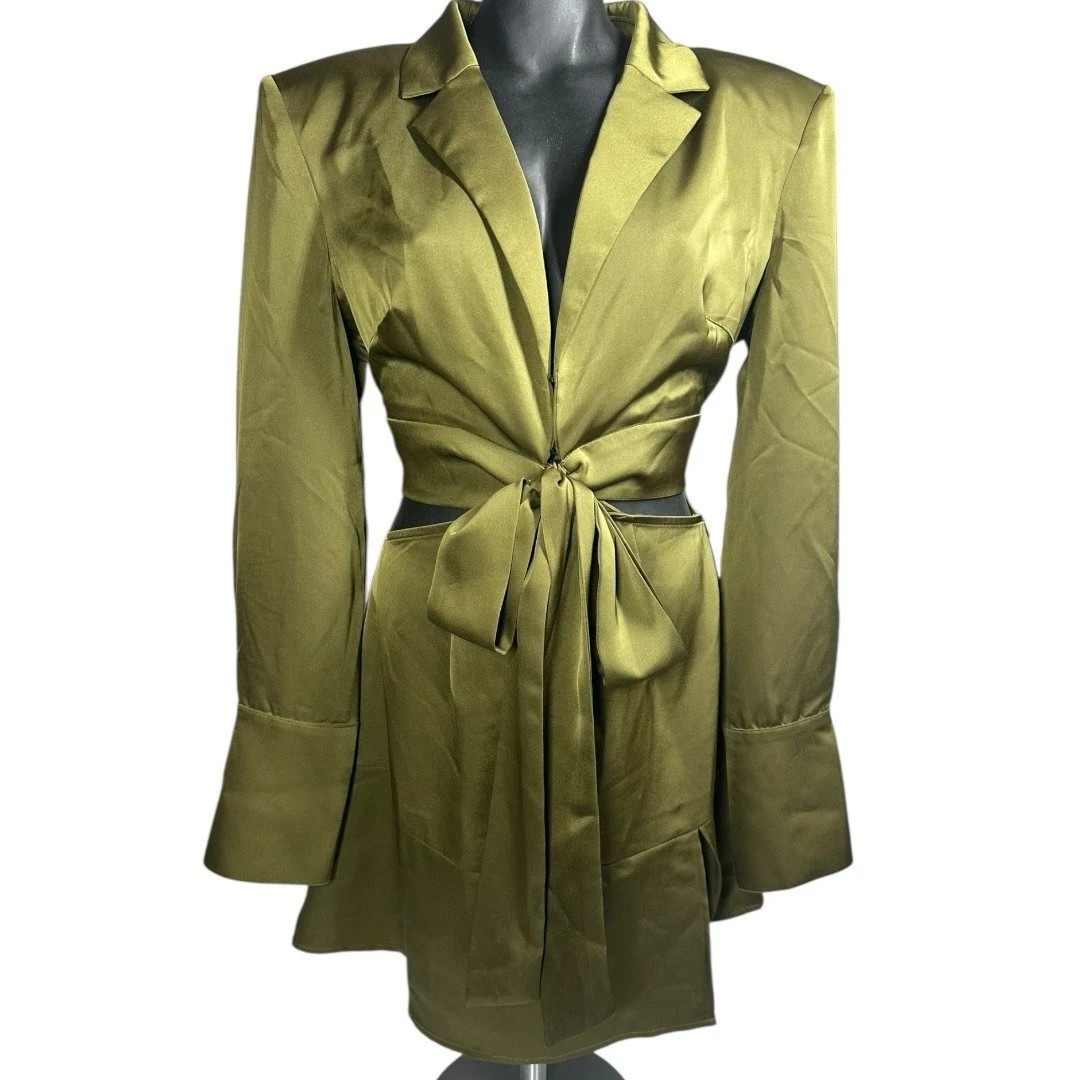 Amylynn Gia Satin Cutout Mini Dress Large NWT Olive Green Long Sleeves AL3006