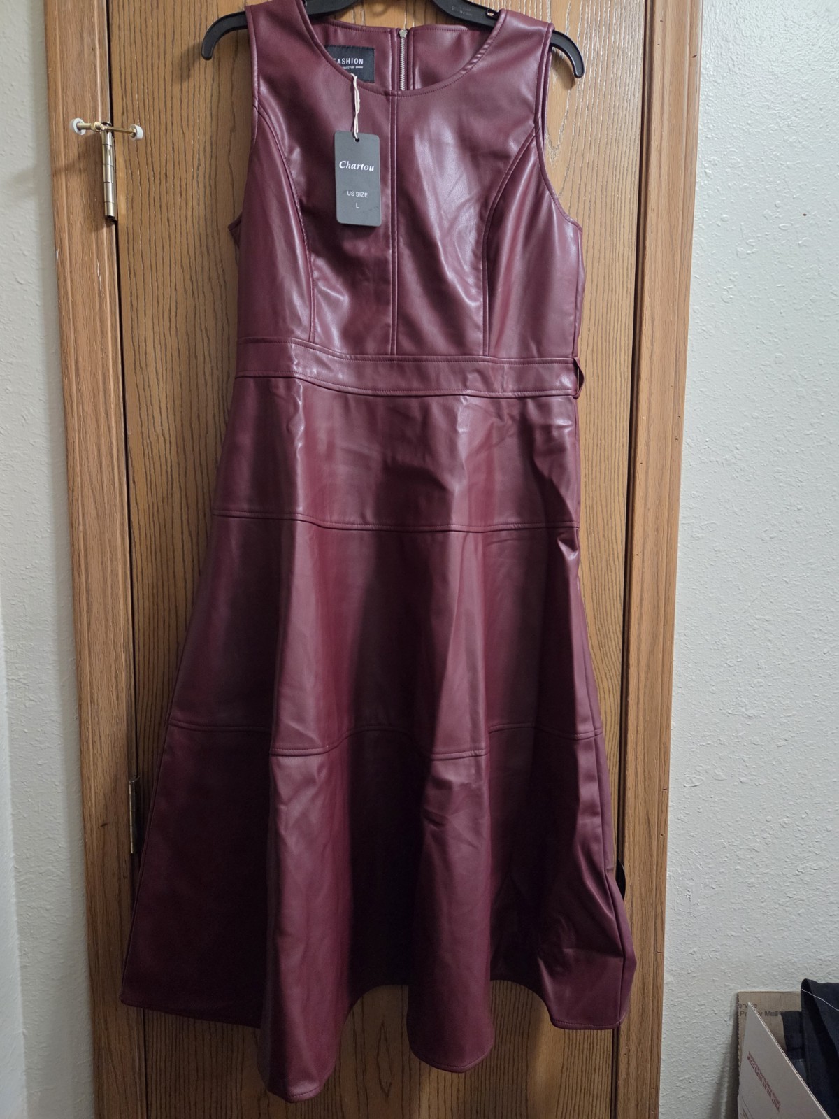 Fashion Collection Chartou XS Faux Leather Dress Burgundy