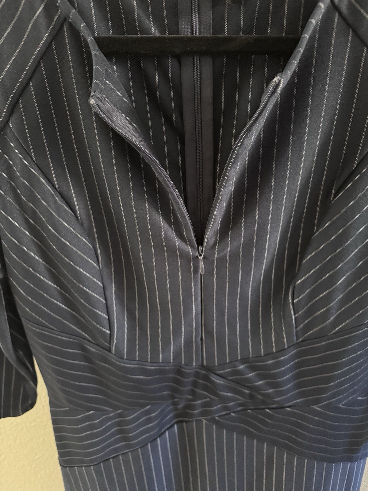 Vishow Navy/White Pinstripe Sheath Dress L Round Neck 3/4 Sleeve Zip