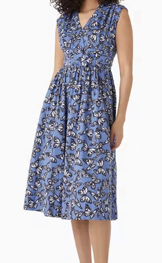 Kate Spade Poplin Bow Butterfly Print Dress Blue V-Neck Midi Cotton Sz 4 EUC