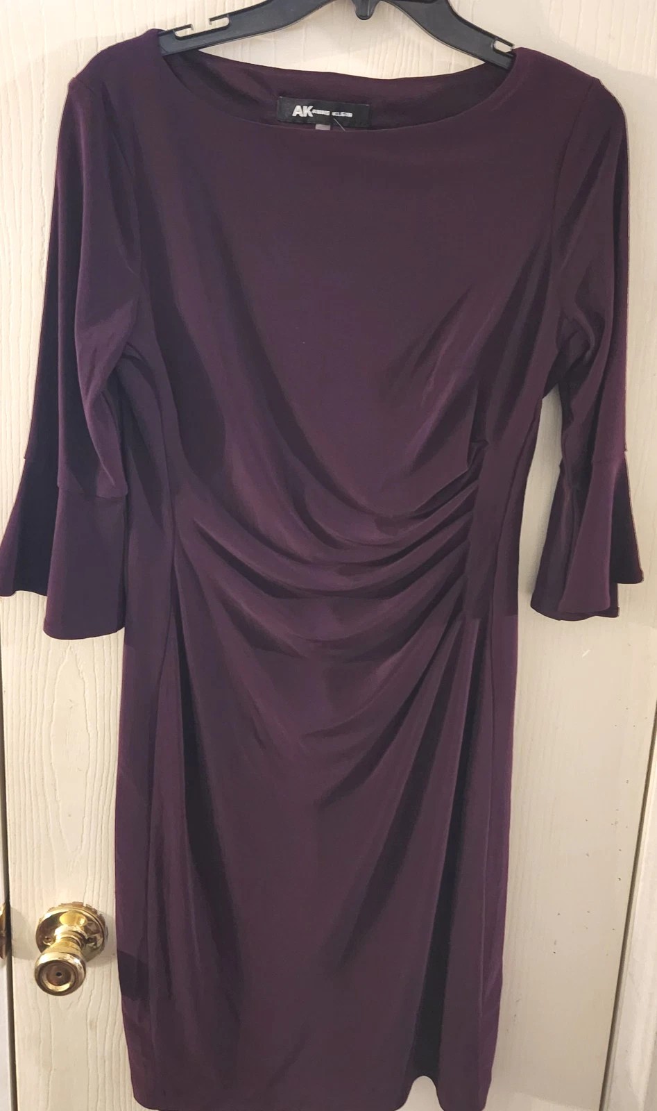 ANNE Klein Purple Bell Sleeve Sheath Dress Sz SMALL EUC LN Gathered Waist Slinky