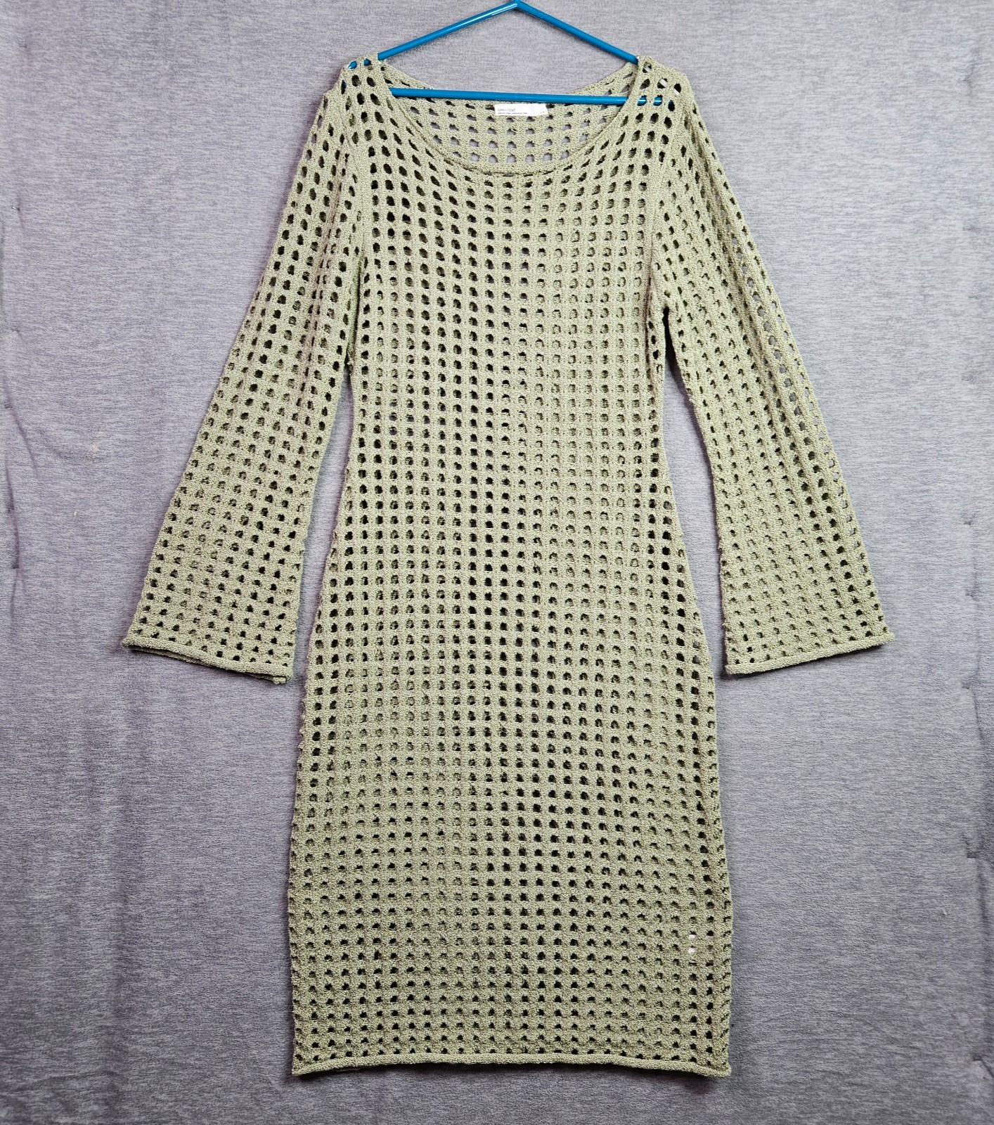 Oak + Fort Women L Green Open Knit Sweater Dress Crochet Mesh Cover Up