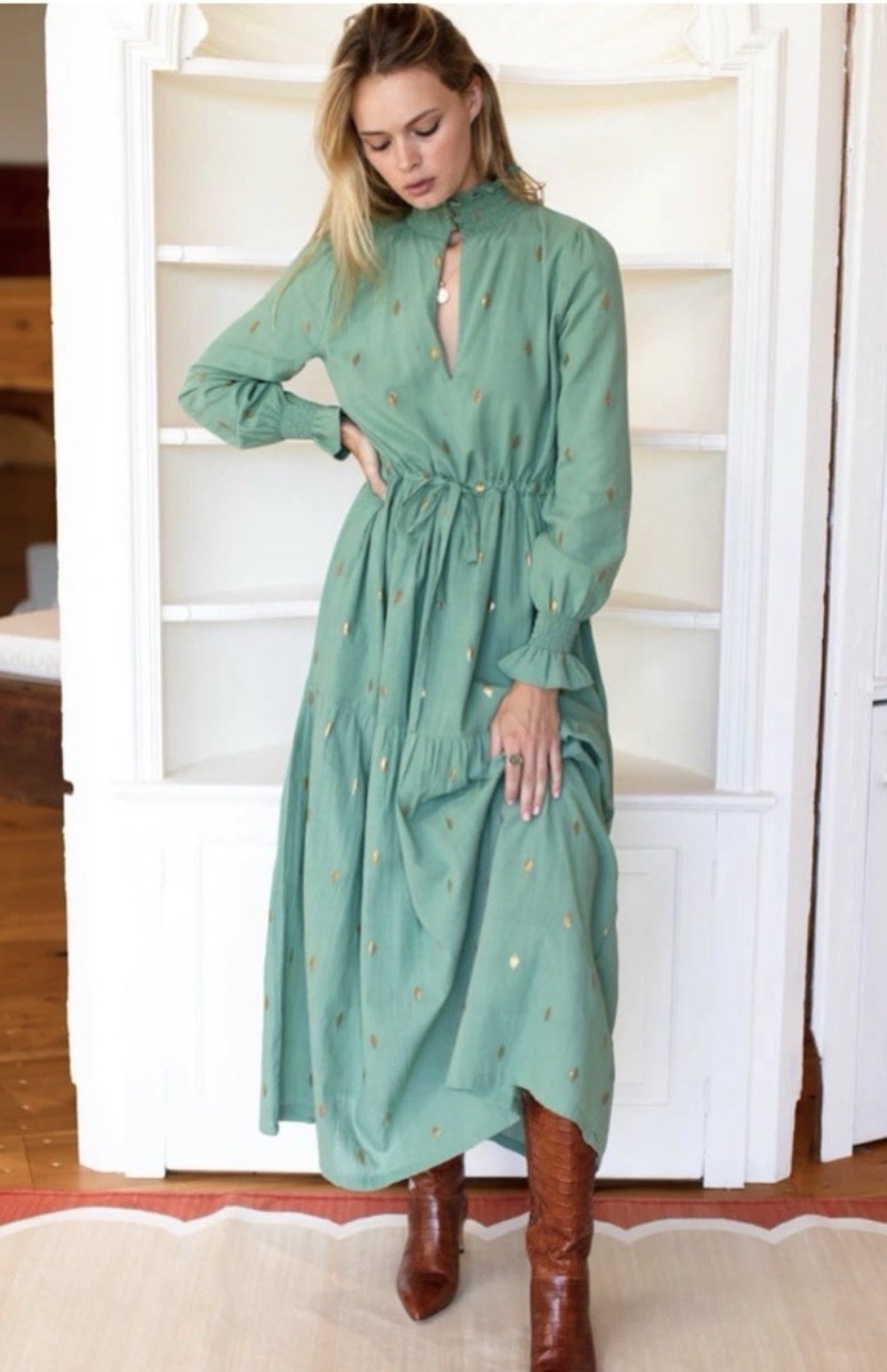 Emerson Fry Lucybella Maxi Dress Gold Leaf Kasmir Boho Cottagecore XS