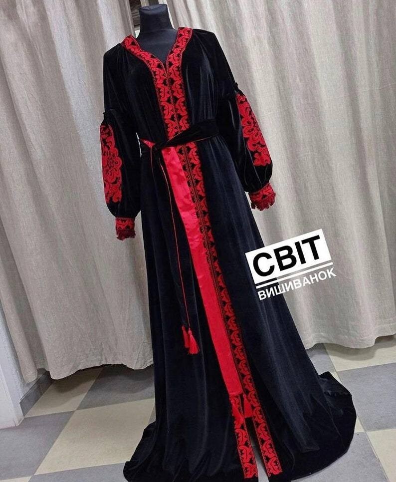 Embroidered Velour Dress, Bohemian Style, Red Embroidery, Gift for Mom, XXS-3X