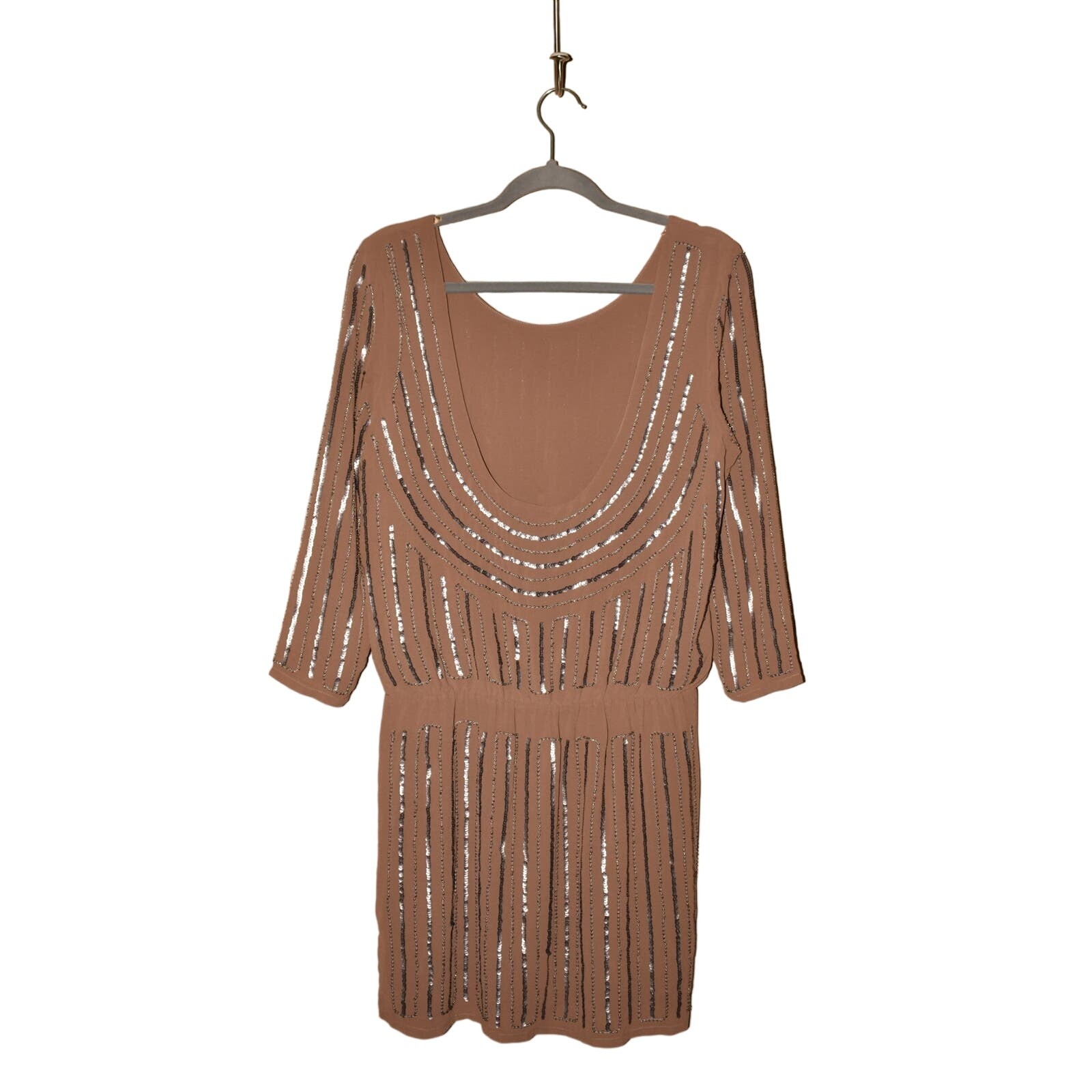 SARA BOO $99 Sequin Beaded Open Back Chiffon Blouson Dress Brown Small