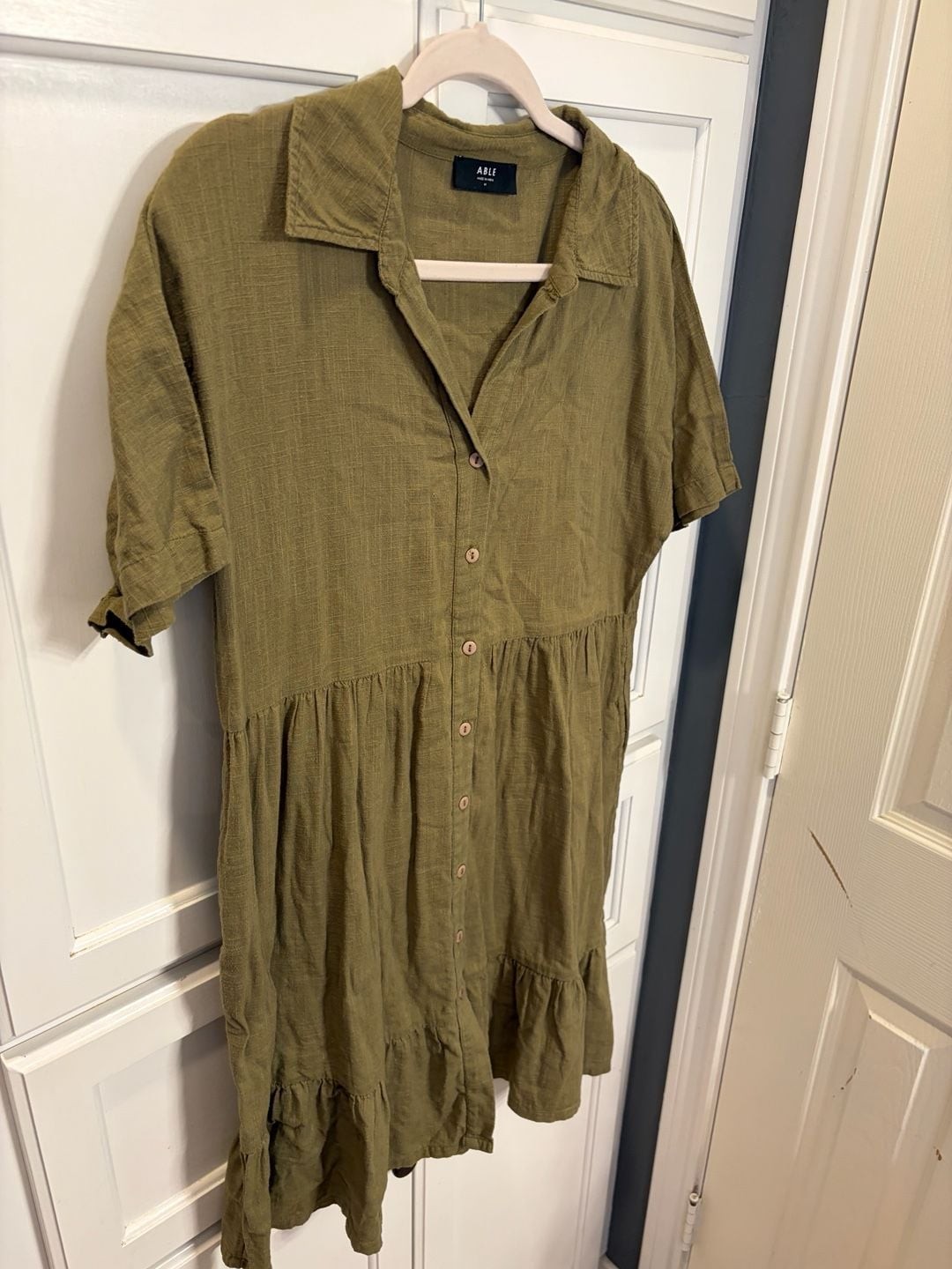 ABLE Women’s Ida Tiered Button-Down Shirt Dress in Olive Green Medium