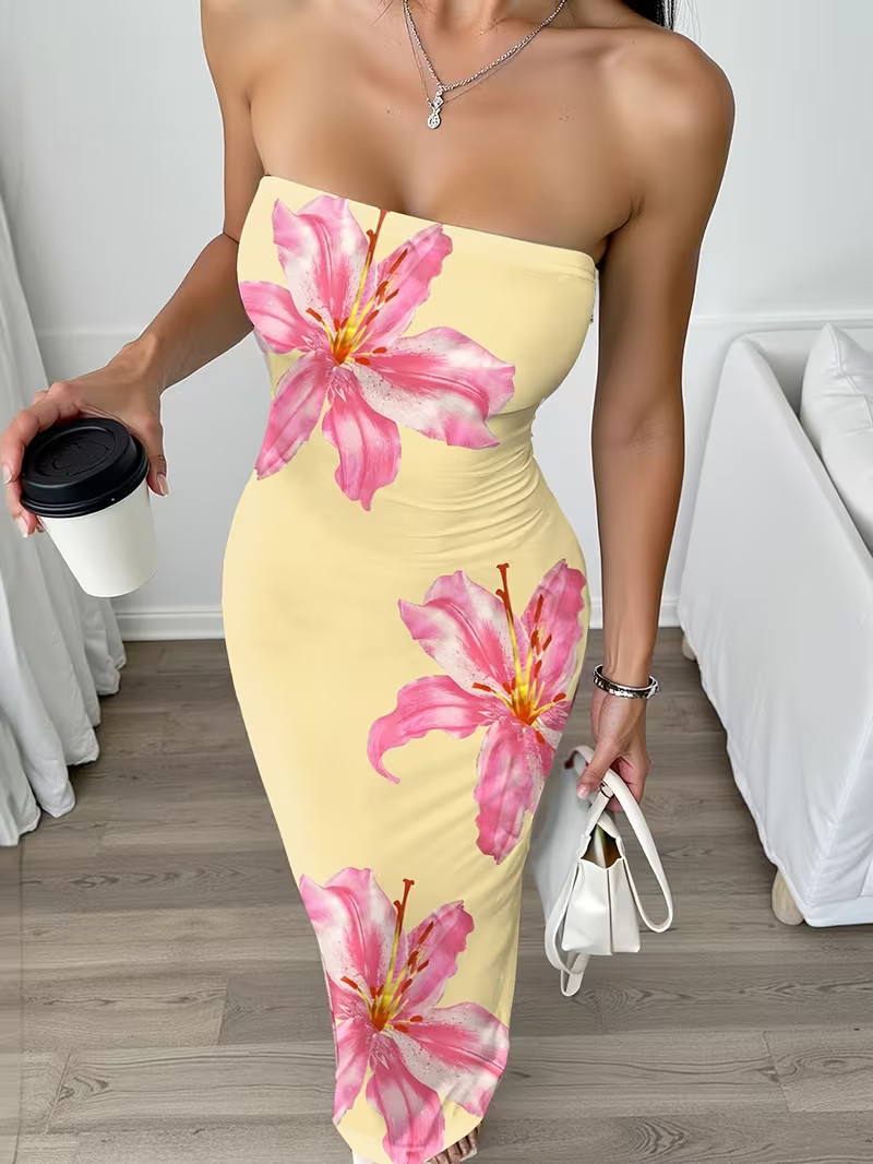NEW Large Elegant Sleveless Ruched Soft YELLOW Maxi Dress w Pink & White Flowers
