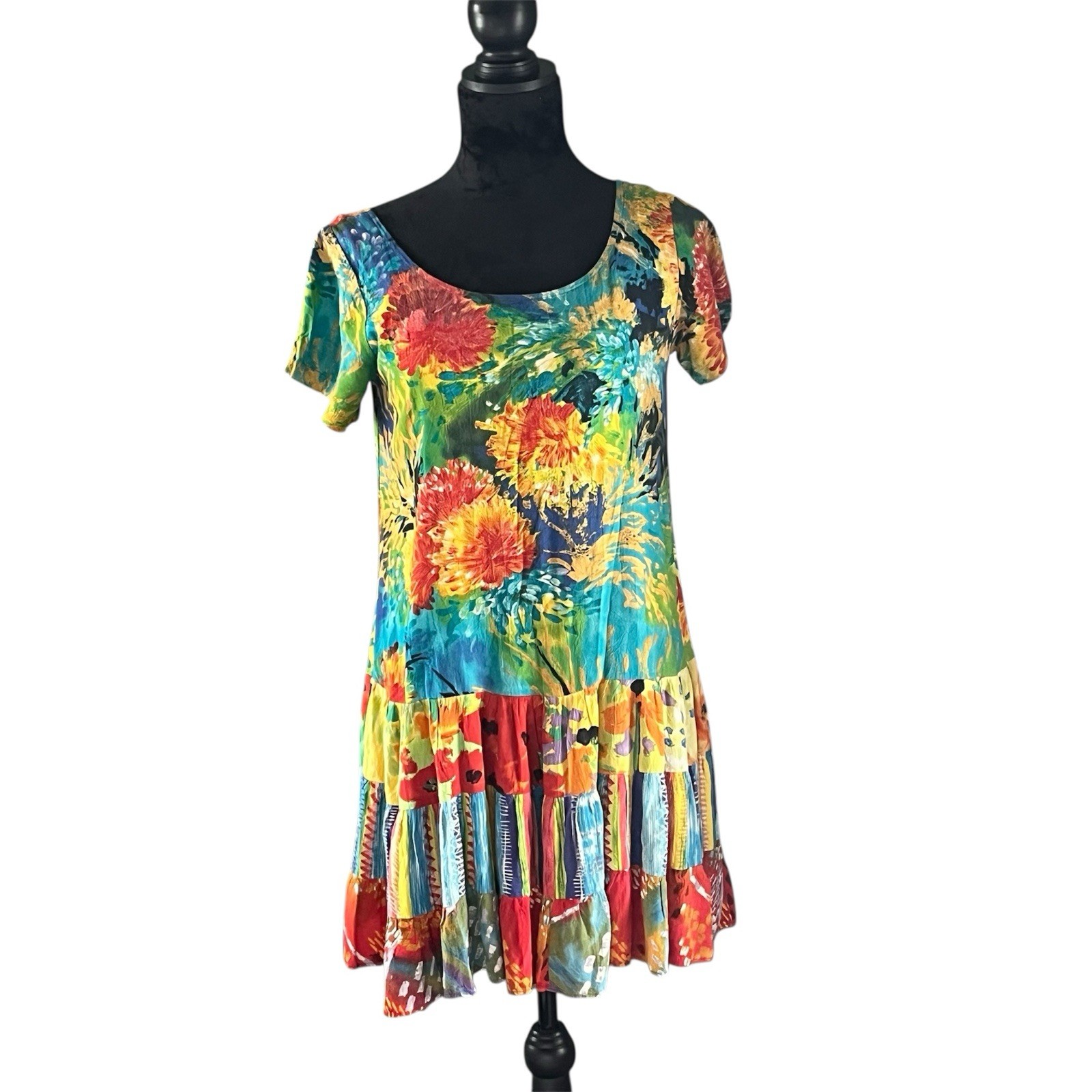 Vtg JAMS WORLD 90s Hattie Dress USA Baby Doll Sz S Colorful Floral Rainbow Color