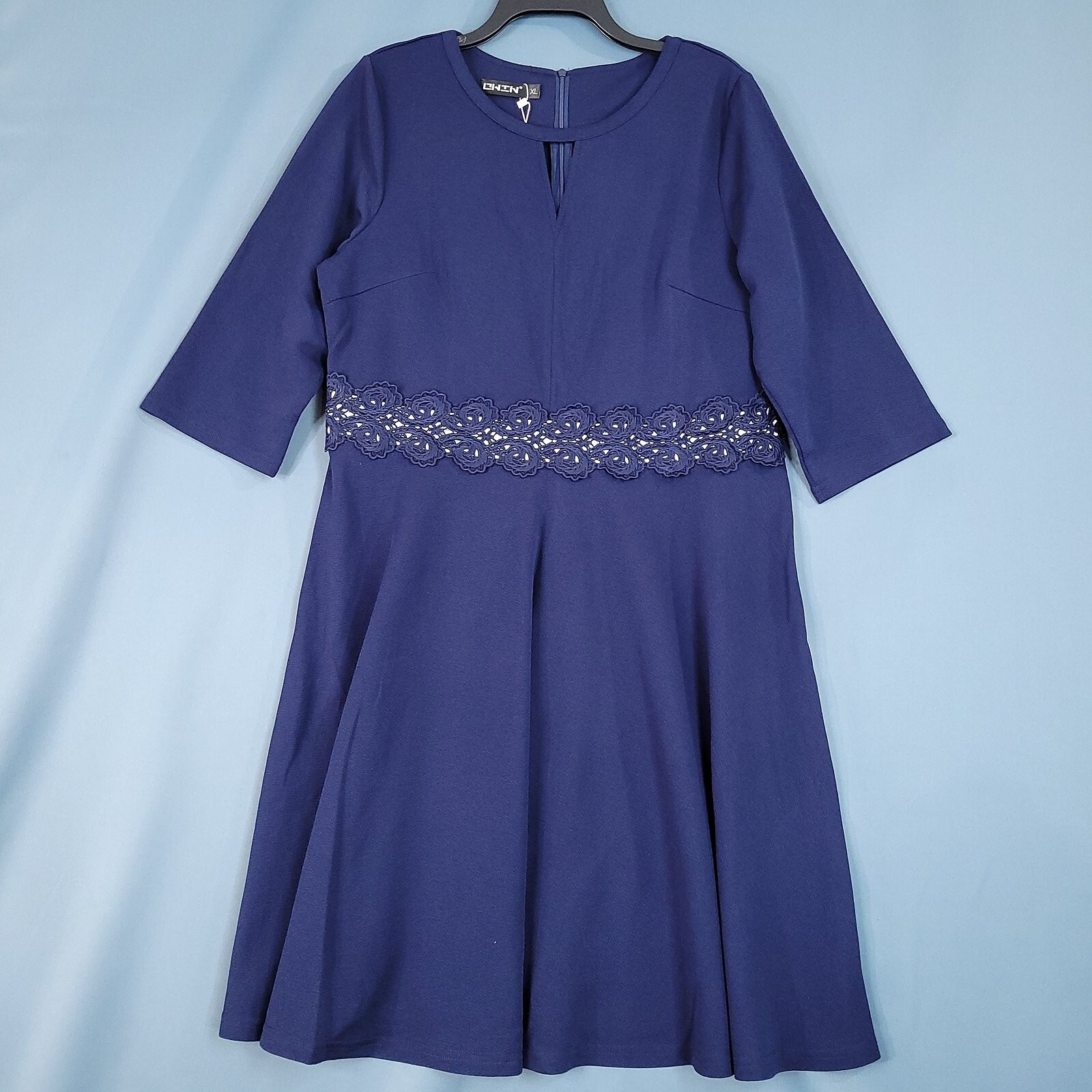 Owin Women’s 3/4 Sleeve Casual Dress Embroidered Waistline Navy Blue Size XL