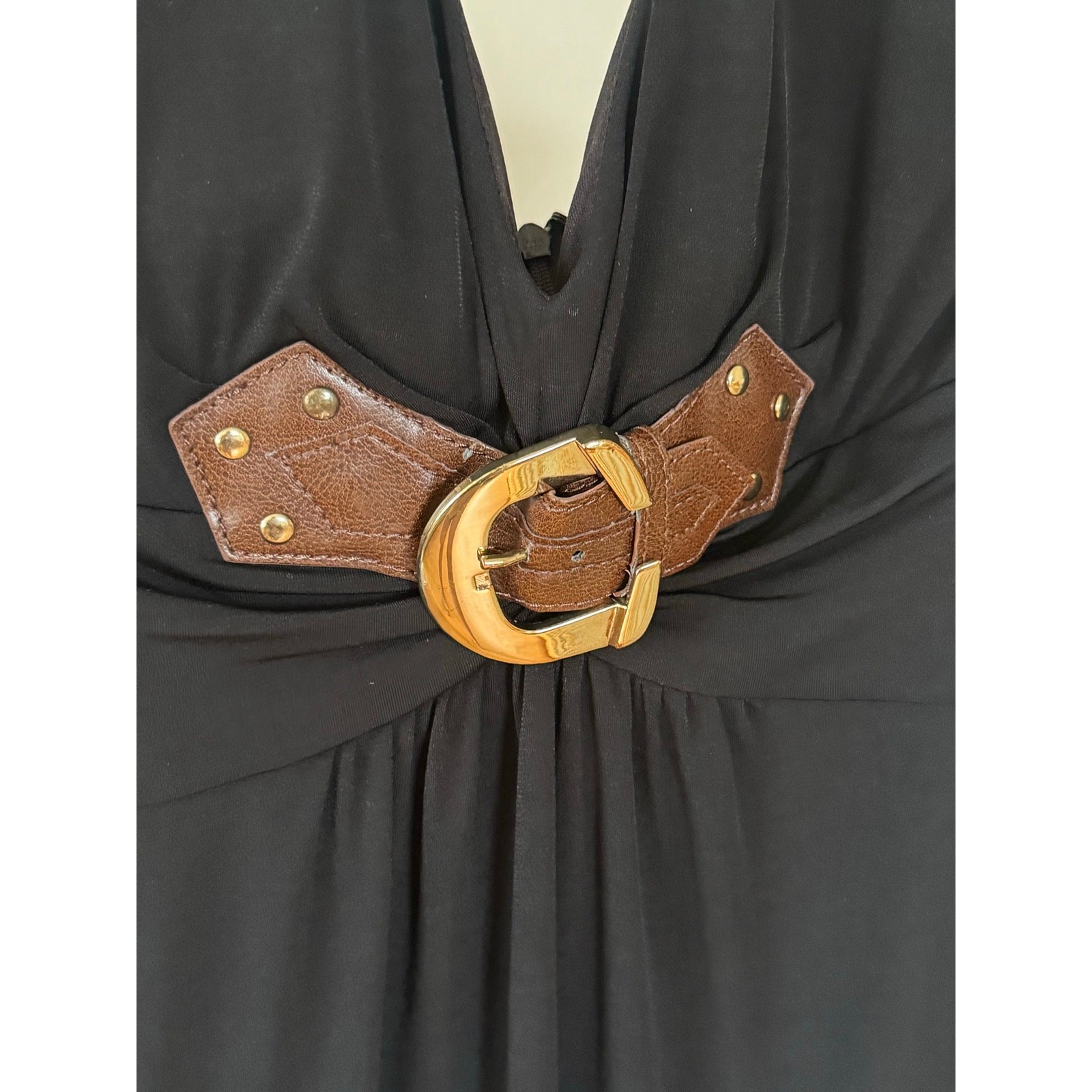 VTG Y2K Cache Brown Belted Black Halter Dress Sz S Whimsigoth Dark Romantic