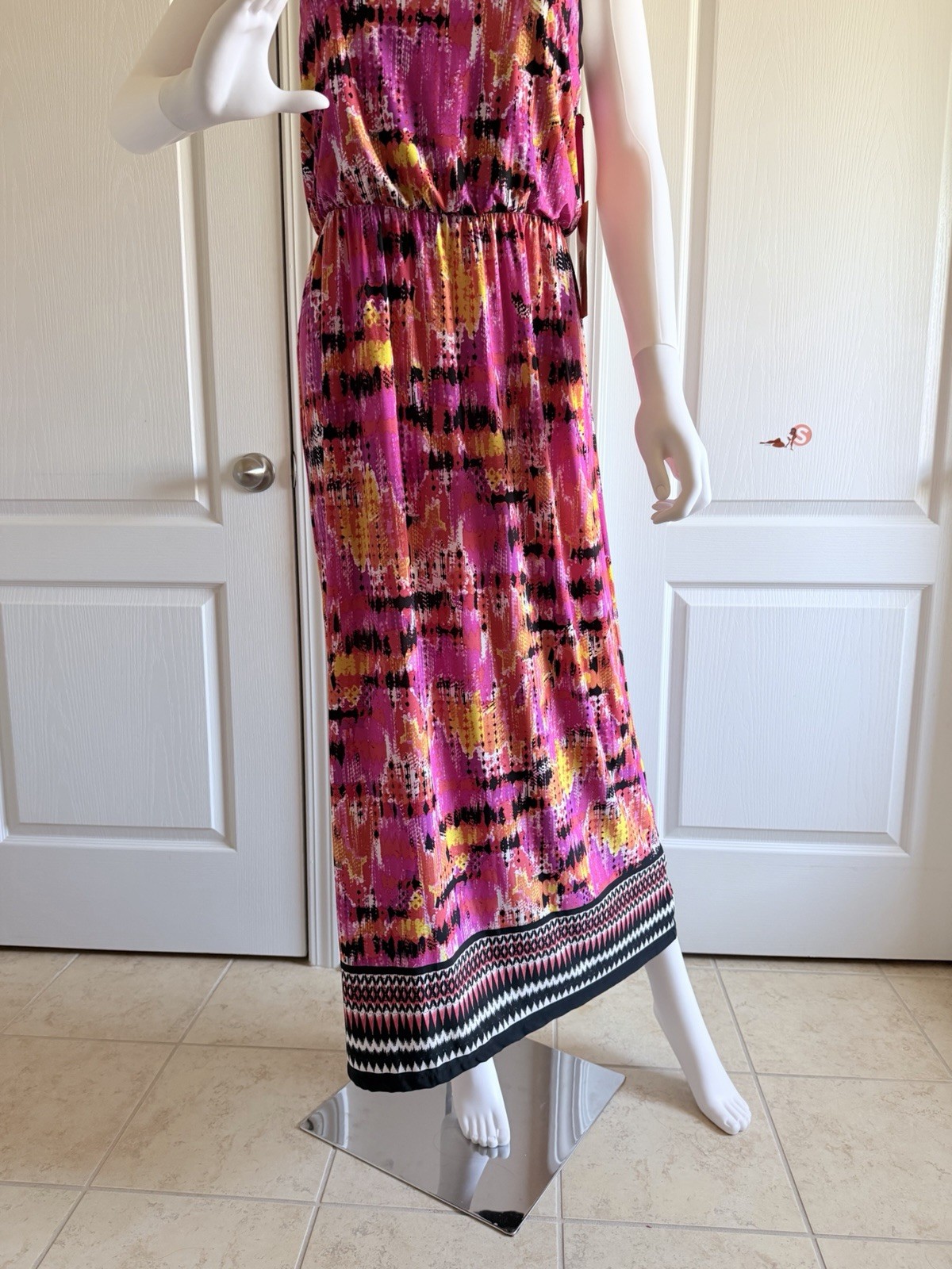 NWT $68 Pink Multi-Color Printed Maxi Summer Dress with Black Trim Size PS
