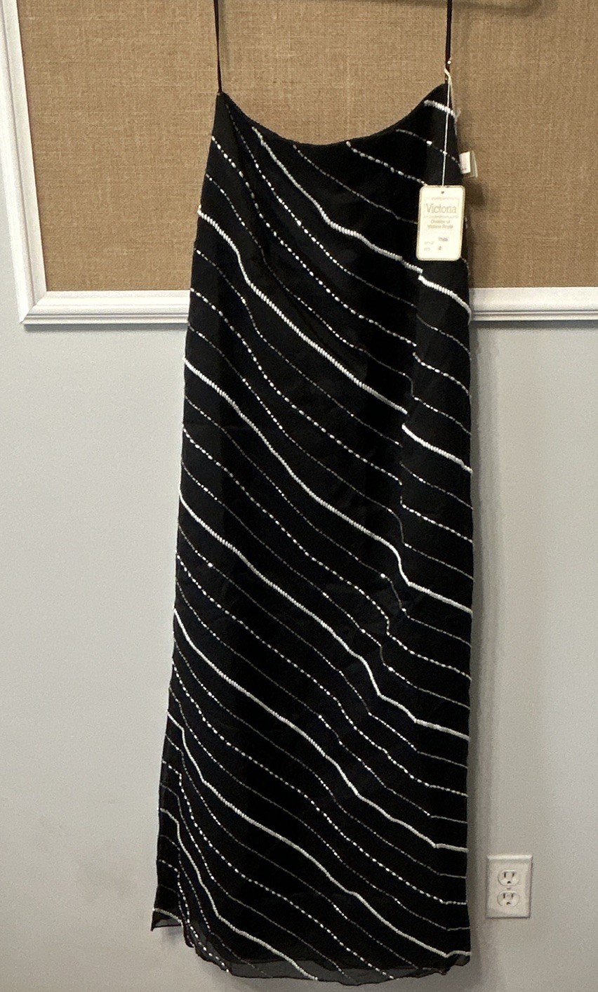 Vintage Victoria Women’s Black Silk Satin Maxi Dress Beaded Striped White Size 2